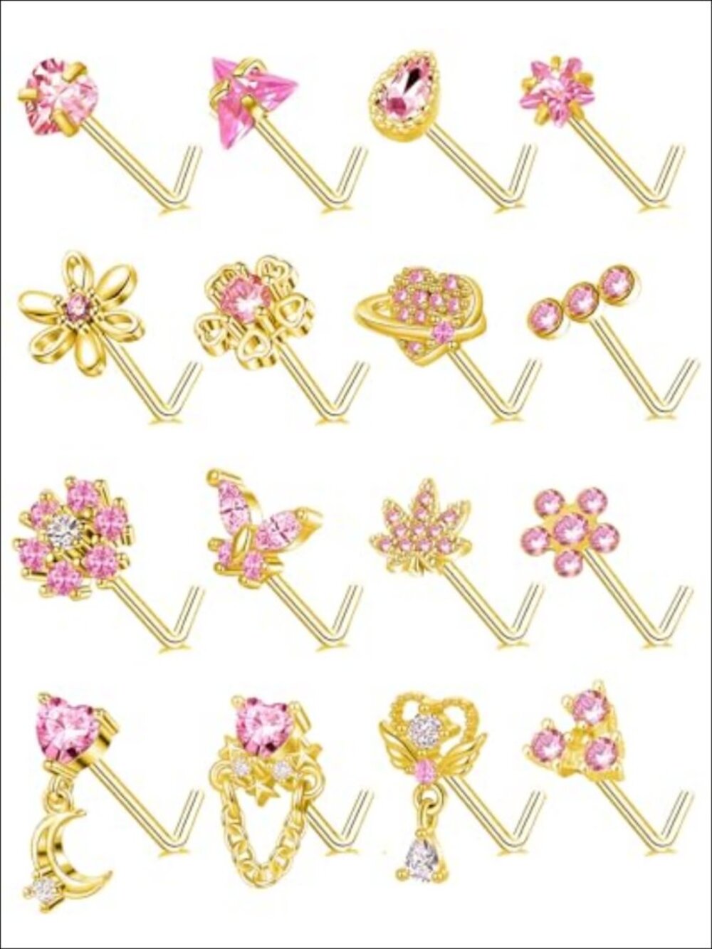 16Pc L Shaped Nose Studs Stainless Steel Butterfly Flower Dangle Body Piercing